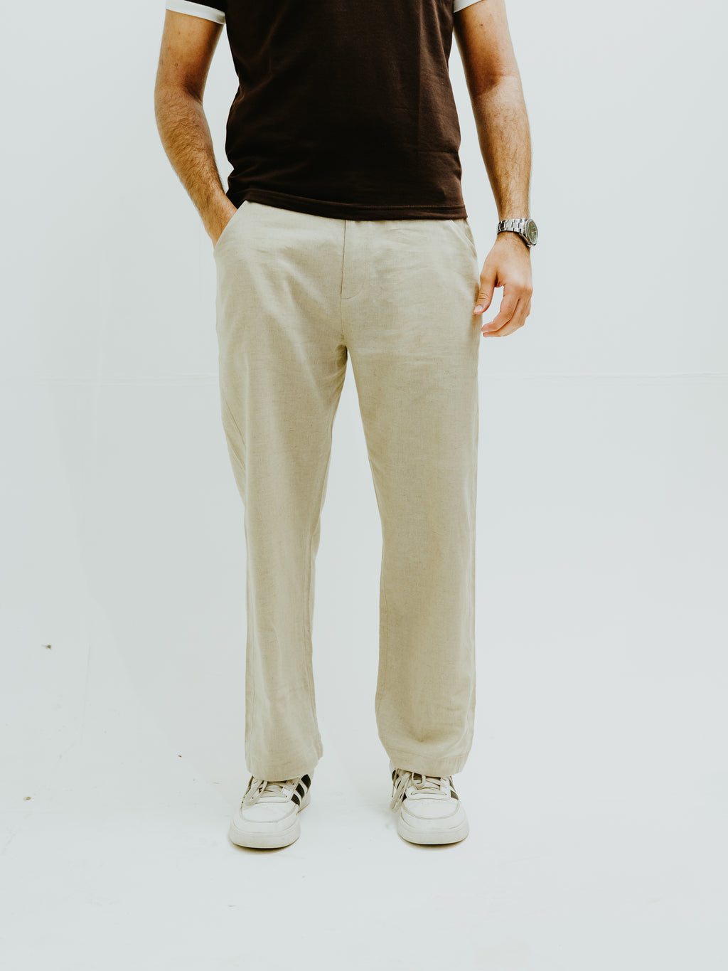 khaki linen trousers