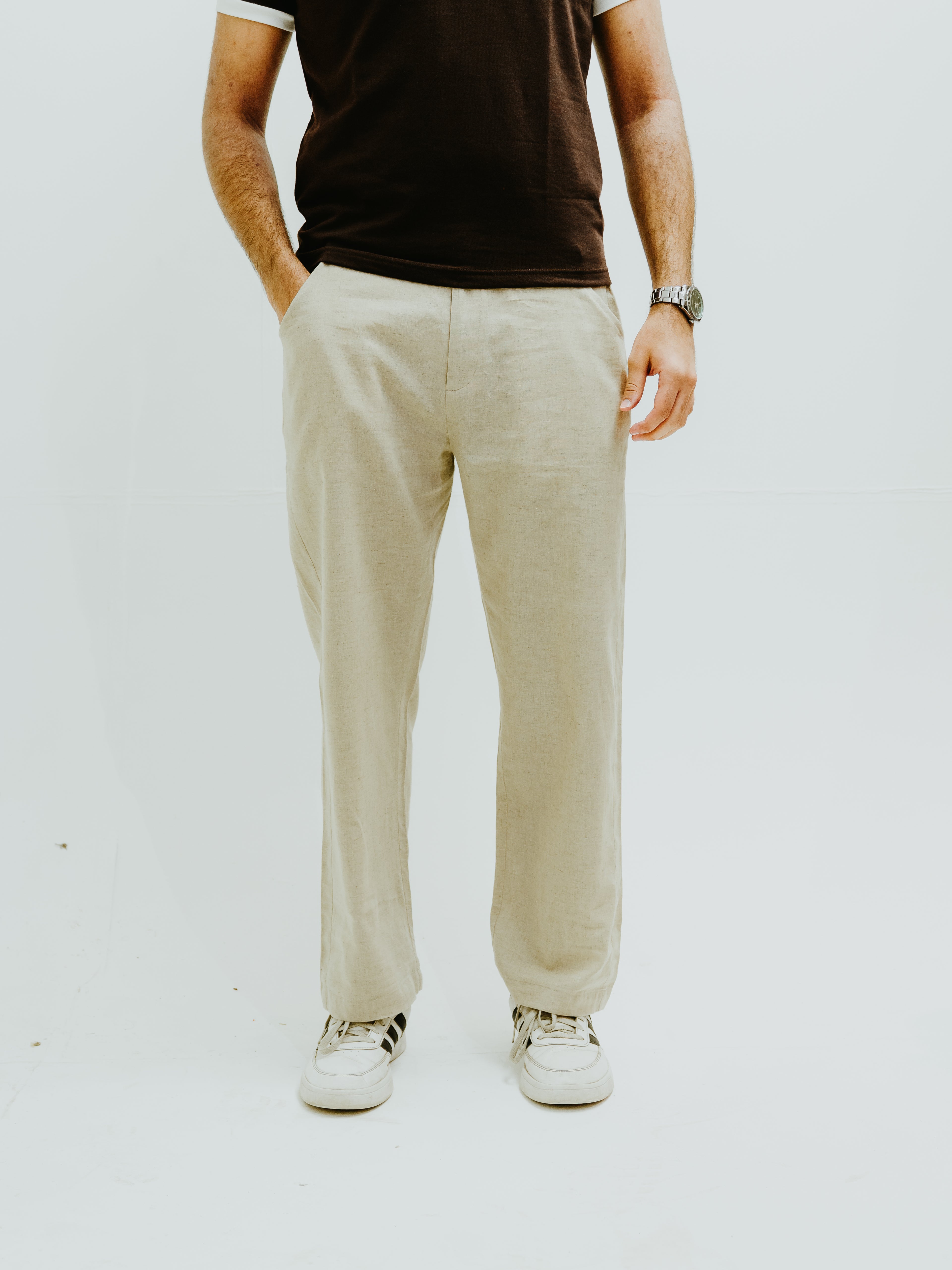 khaki linen trousers