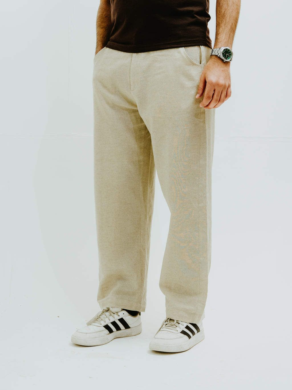 khaki linen trousers