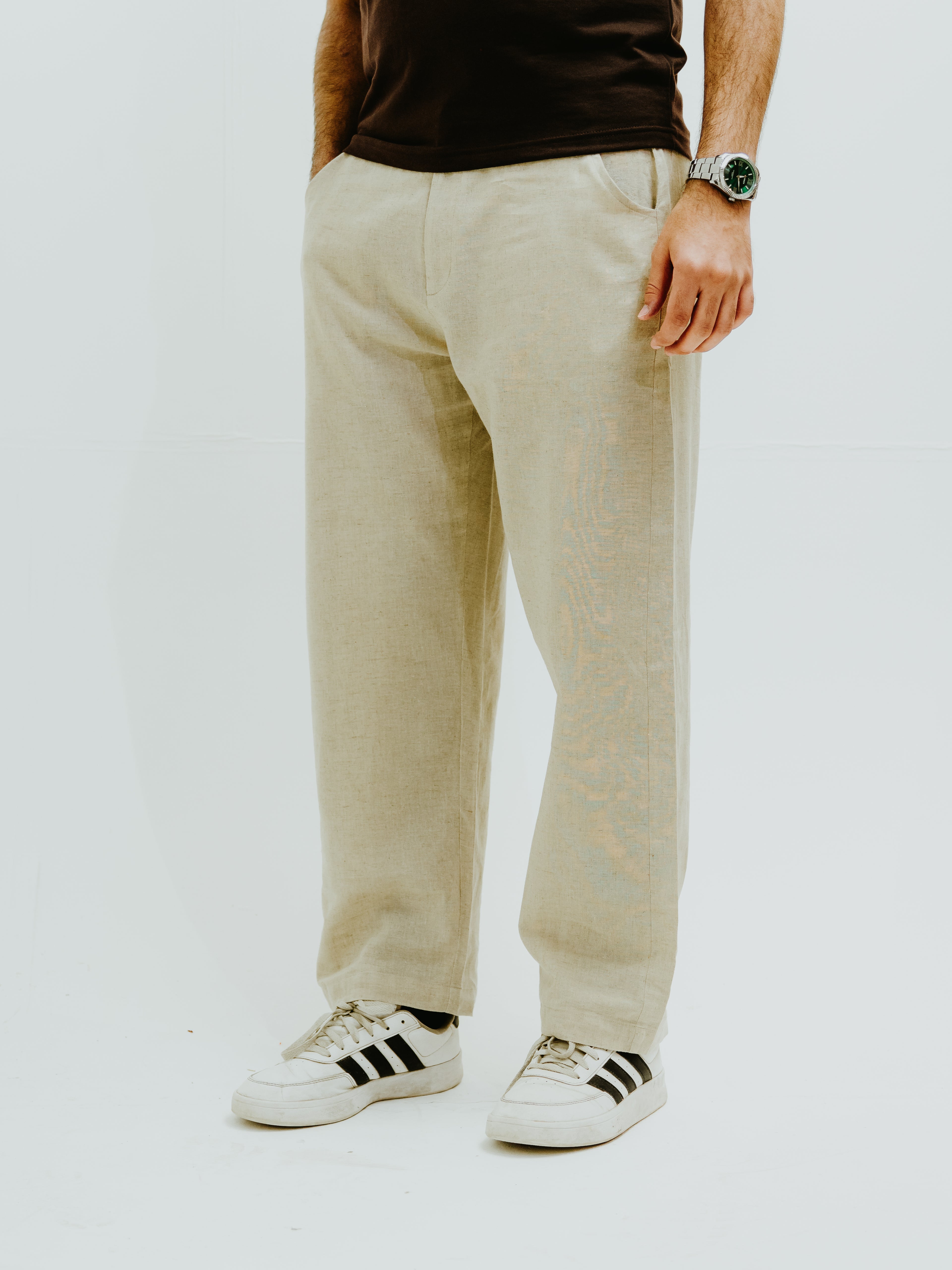 khaki linen trousers